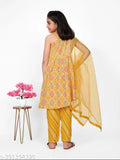 Yellow cotton kurta with net dupatta set for girls, trendy stylish fancy dress, Indian traditional fashion