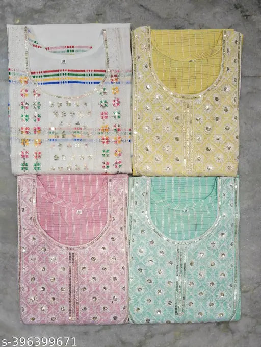 Classic cotton kurti pack of 4, long-sleeved printed combos in M, L, XL, XXL, XXXL. High-quality Indian fashion cotton kurtis on clothing rack