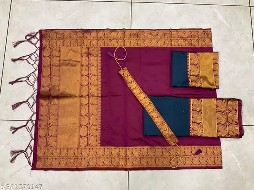 Traditional South Indian style half saree set in art silk, featuring unstitched lehenga (40m waist, 42m length), choli, and dupatta, all adorned with Litchi Silk zari work. Set includes tussled dupatta and belt, ready to ship from India