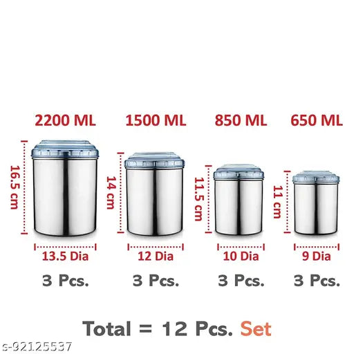 12 PCS Stainless Steel Canister Set with Blue PC Lids -12 Pcs Set