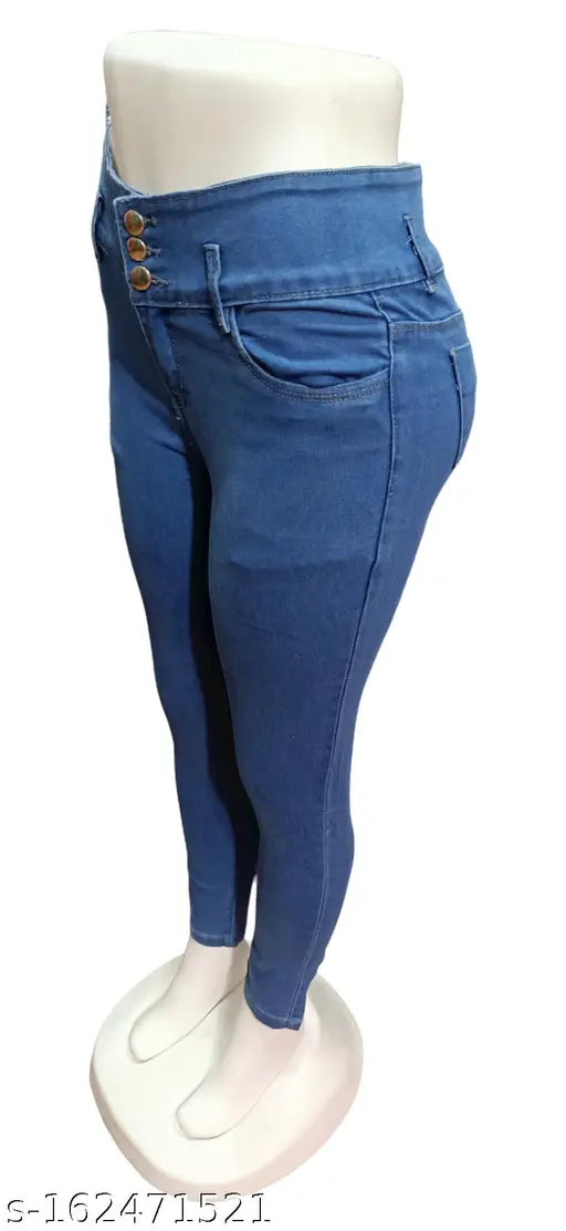 Mid rise, 3 button, slim fit blue denim women's jeans