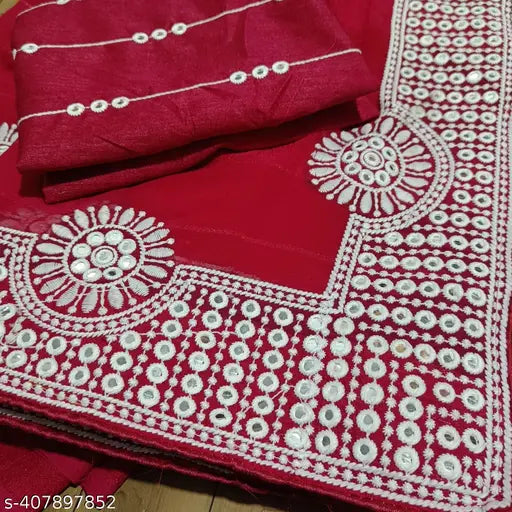 Red georgette embroidered less wrok sari with intricate designs