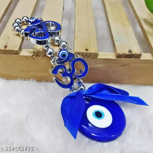 Blue Evil Eye Glass Crystal Vastu Nazar Suraksha Wall Hanging with Two Om Silver Beads for Good Luck, Prosperity, and Protection Decor