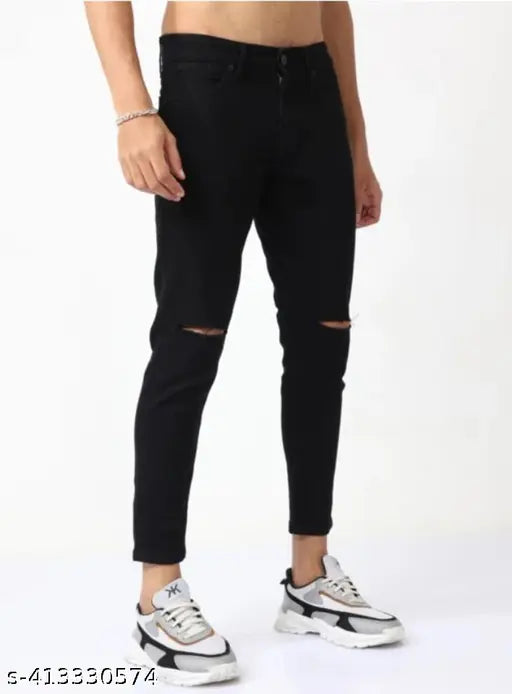 Trendy denim knee-cut black jeans, mid-rise solid pattern, five pockets, machine wash, black color, manufactured in India