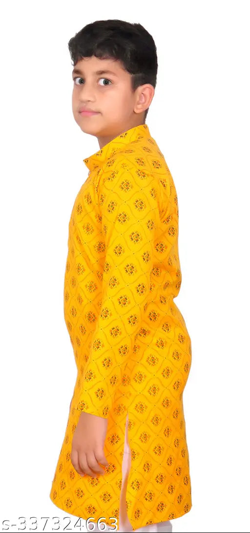 Printed cotton kurta for boys, latest designer style with long sleeves, featuring vibrant Indian motifs