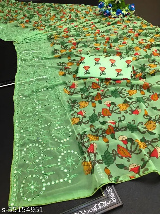 Green mirror embroidery georgette saree, pure cotton blouse