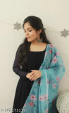 Black Georgette long-sleeve Pusparaj gown, traditional Indian attire with matching dupatta