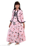 Pink floral printed long dress, midi length