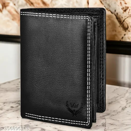 Black leather bi-fold wallet with RFID blocking, featuring 9 card slots, 2 secret compartments, 2 ID windows, and coin pocket. Genuine leather for men & women