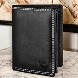 Black leather bi-fold wallet with RFID blocking, featuring 9 card slots, 2 secret compartments, 2 ID windows, and coin pocket. Genuine leather for men & women