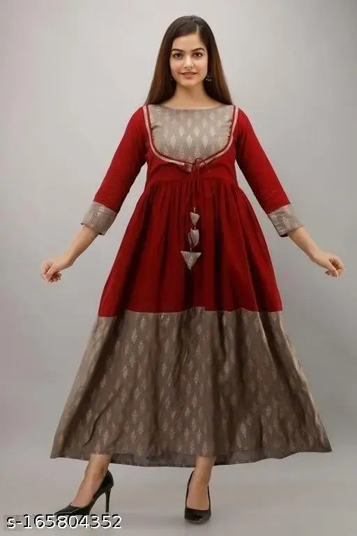 Red and gray rayon anarkali gown, detailed embroidery on neckline