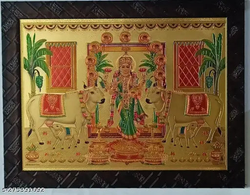 Synthetic resin Hindu home decor: Graha Lakshmi with cow entering house, Indian outdoor sculpture