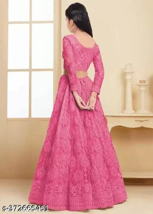 Embroidered net lehenga choli for girls, nylon dupatta. Three-quarter sleeves, party wear style. Indian handcrafted kids' lehenga set