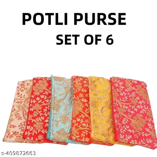 Vintage embroidered potli purse set for women, 6 pieces in a variety of colors including yellow and pink, with zipper closures, suitable for lehengas and traditional outfits, size 125 X 245 cm