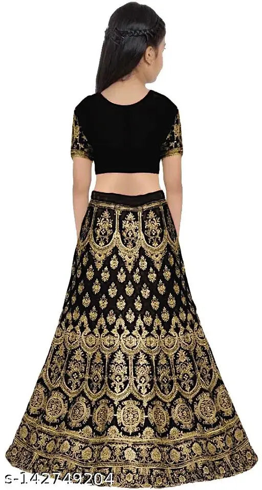 Taffeta silk kids' lehenga choli with short sleeves, embroidered design, available in various sizes from 3-16 years old