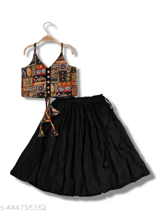 Girls' rayon lehenga choli ethnic wear set, sleeveless satin top with embroidered pattern, satin dupatta. Indian handcrafted traditional clothing for kids aged 1-8 years