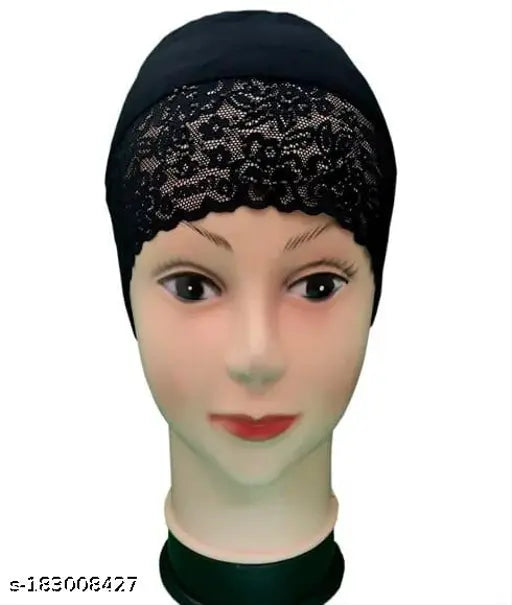 Fancy cotton hijab cap for inner headwear, black lace trim, pack of 2, for Muslim women