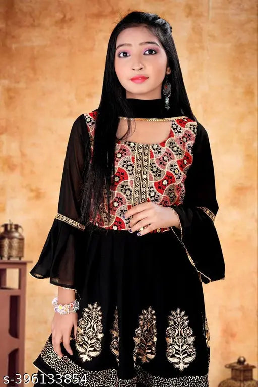 Black velvet 12011 Anarkali suit with floral embroidery, bell sleeves, and a stole.