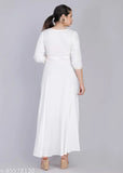 White Rayon Slub Embroidered Kurti, three-quarter sleeves, Indian traditional clothing on model