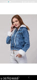 Blue denim cropped jacket with collar sleeves fur, trendy women's full-length denim jacket for casual wear, made in India