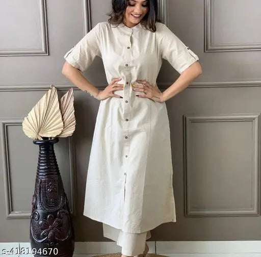 Cream cotton kurta & palazzos set, timeless Indian ethnic wear for women