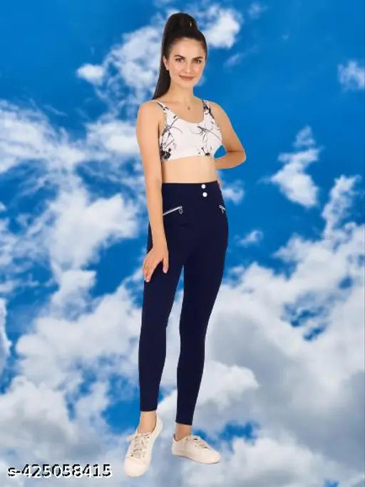 Navy blue chain pocket jegging for women & girls, stylish polyester design with solid pattern