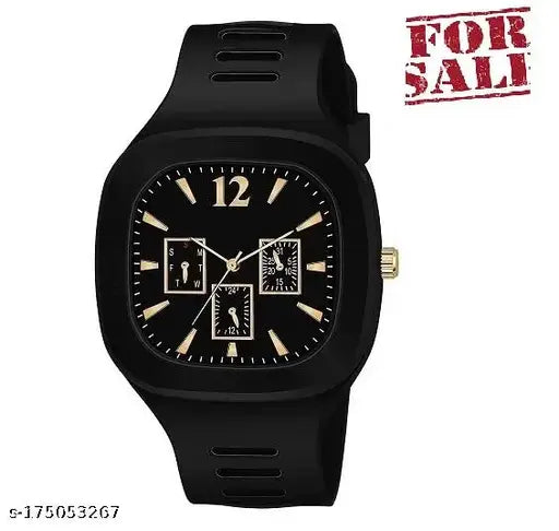 Black analog watch with white face, gold numbers, and silicone strap