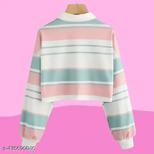 Korean multi-color striped Lycra polo t-shirt in pastel pink, blue, and white, long sleeves, collared, and cuffed sleeves. Size S (Bust 36in, Length 18in), Made in India