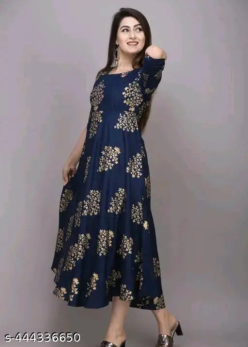 Rayon three-quarter sleeve women's printed full long gown kurti, vibrant pattern on traditional Indian attire