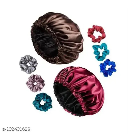 Premium silk satin reversible hair sleeping cap, in coffee and burgundy colors, comes with 6 free scrunchies