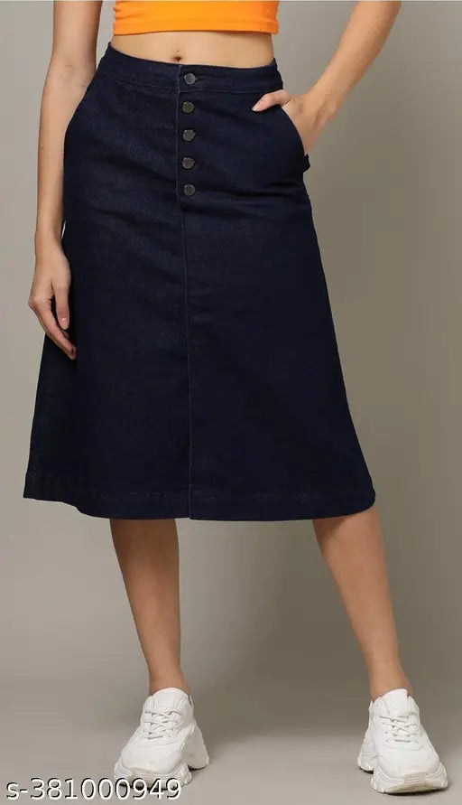 Navy Blue Buttoned A-Line Denim Skirt, lightweight & breathable, fits all body types, home washable, denim skirt for women, full length, sizes 26-46