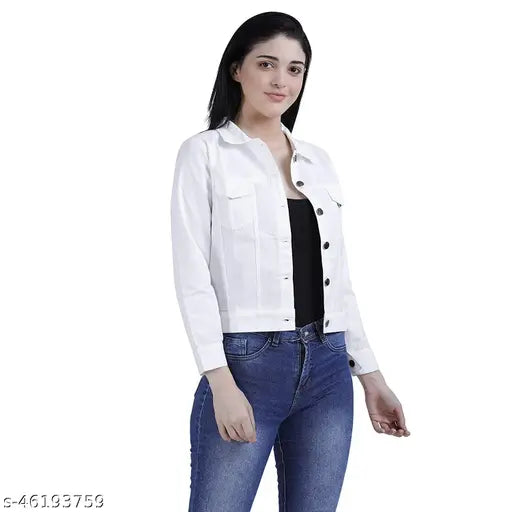 White cotton blend full sleeve jacket for women and girls, perfect for casual everyday wear with a solid pattern