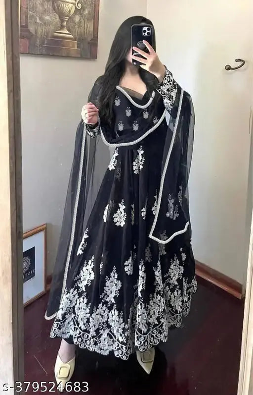 Embroidered Georgette Anarkali Gown with long sleeves, soft and smooth touch, ideal for all seasons, Indian designer fashion