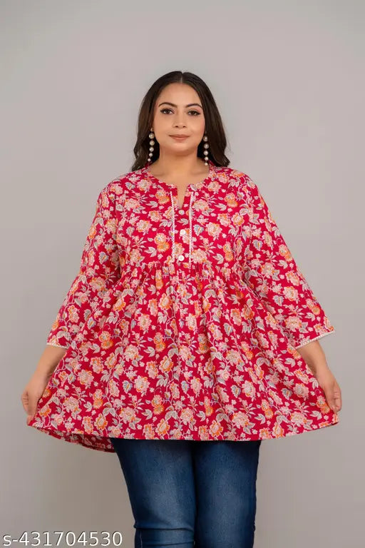 Red Plus Size Rayon Kurti, printed flared design with long sleeves, Indian fashion in vibrant red color