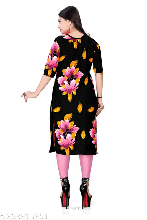Women's straight kurti in crepe fabric with floral print, available sizes S, M, L, XL, XXL, 2XL, 3XL, 4XL, 5XL, new arrival design, fashionable