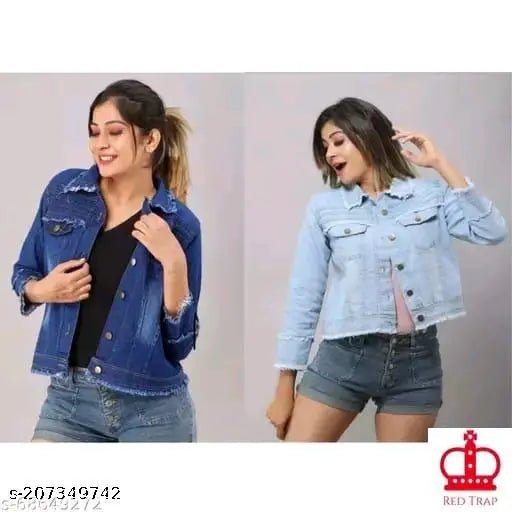 Trendy denim jacket combo pack 2 for women & girls, solid-colored Indian denim jackets with long sleeves