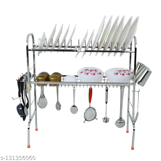 Silver stainless steel over-sink dish drying rack with plate and cutlery storage