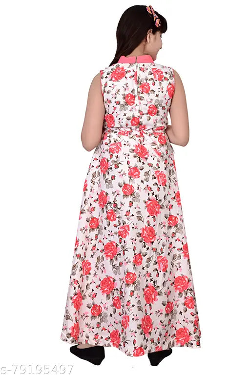 Coral cotton ethnic gown for girls (3-15 years), vibrant floral print, imported quality