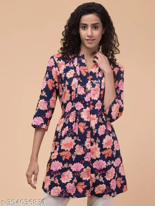 Blue & Multicolor Floral Printed Rayon Tunic, 3/4 Sleeves, Mandarin Collar - playful, pleated design, tie belt, button front, comfortable, versatile, summery style