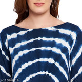 Navy blue and white rayon tie-dye tunic, three-quarter sleeves for women. Handcrafted Indian fashion wear