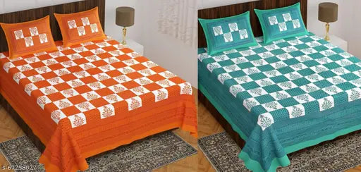 White cotton floral double bed combo pack with 4 pillow covers, ideal for summer - Jaipuri bedsheets from India