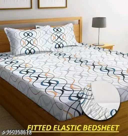 Cotton blend, superfine geometric radhey fitted bedsheet with 2 pillow covers, ideal for adults in mild winter, made in India