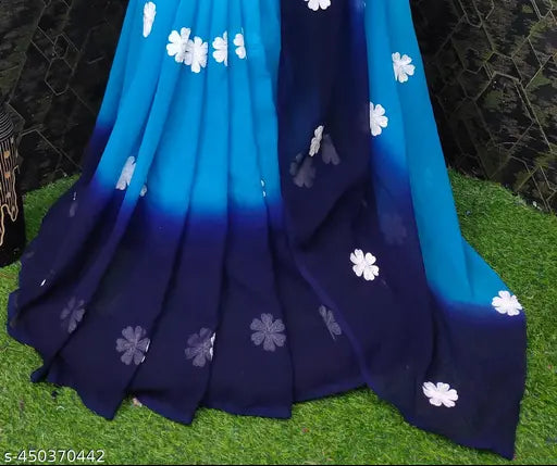 Neil and white Georgette embroidered saree with floral print, trendy design for women parties, India origin