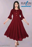 Maroon rayon three-quarter sleeve solid party wear kurti for women and girls under 300 Rs, suitable for weddings, festivals, casual wear. Relaxed fit, pairs well with churidar or palazzo pants and jhumkas. Indian ethnic wear