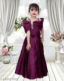 Stylish solid purple silk gown dress for girls, short sleeves with printed net pattern, perfect for casual or parties