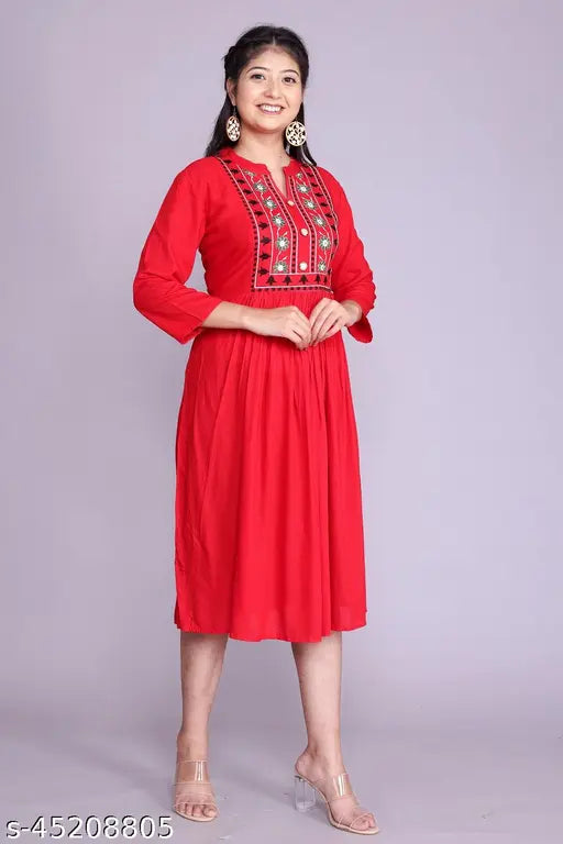 Rayon embroidered kurti with 3/4 sleeves, 44'' length, mandarin neck - Indian fashion wear