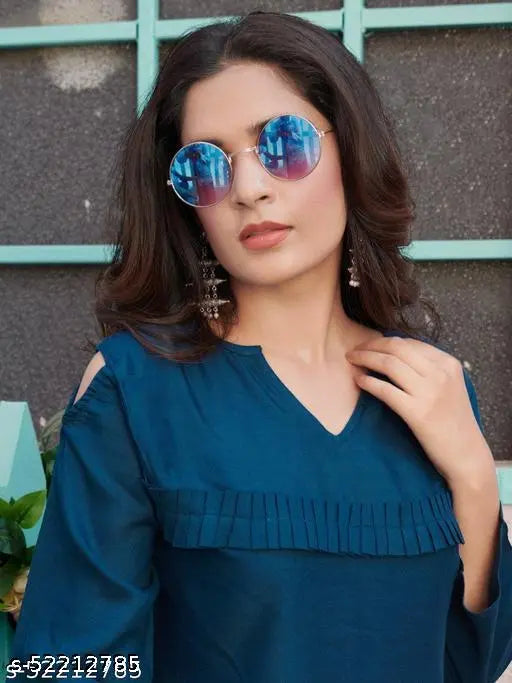 Teal Blue Rayon V-neck tunic top with 3/4th sleeves and cut work, women's size M to 8XL from India