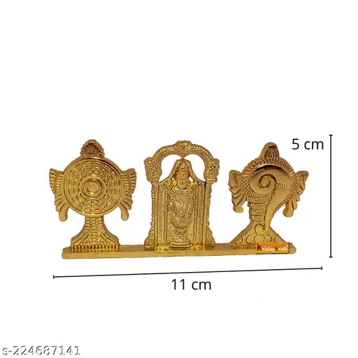 Antique gold-plated Tirupati Balaji figurine stand with Shankh Chakra, Indian decorative item for car dashboard or home office table