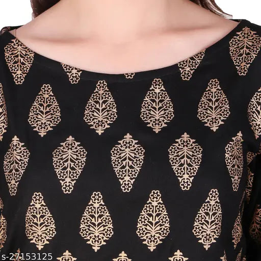 Golden printed black cotton blend kurta palazzo set for women on display, three-quarter sleeves, Indian fashion