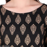Golden printed black cotton blend kurta palazzo set for women on display, three-quarter sleeves, Indian fashion